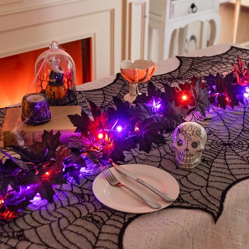 9ft Pre-Lit Black Maple Leaf Halloween Garland with Lights for Mantle