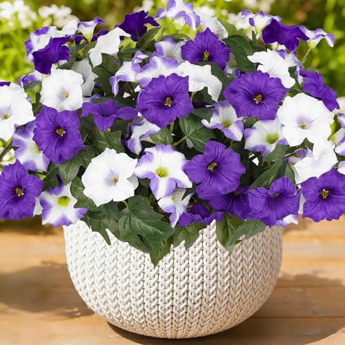 UV Resistant Outdoor Artificial Petunia Flowers - 6 Bundles (Purple-White)