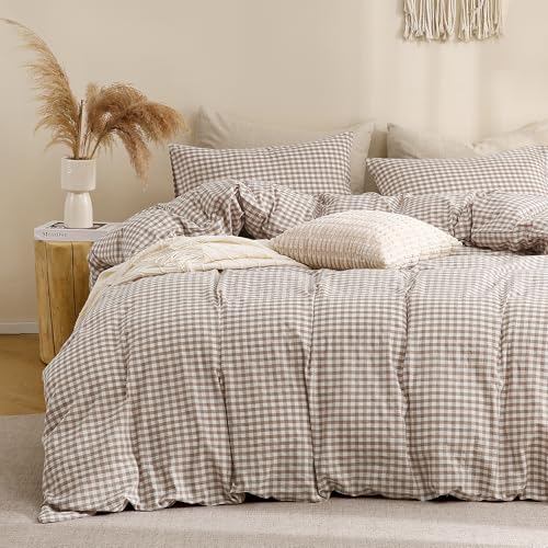 King Tan Gingham Duvet Cover Set - 100% Washed Cotton Linen-Look Bedding