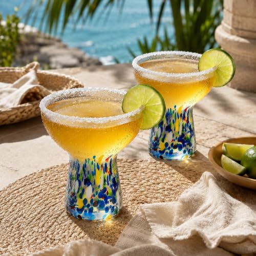 Confetti Stemless Margarita Glasses Set of 4 - Hand Blown Colorful Drinkware, Cocktail & Wine Glasses, Mexican Celebration