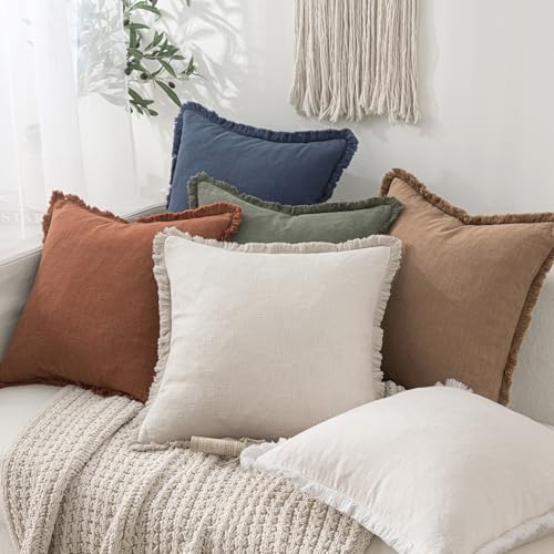 MIULEE 20x20 Inch Linen Fringe Decorative Throw Pillow Covers Set of 2 Natural Beige Farmhouse Style