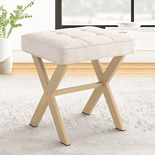 Square Vanity Stool with Metal X Legs and Padded Tufted Seat