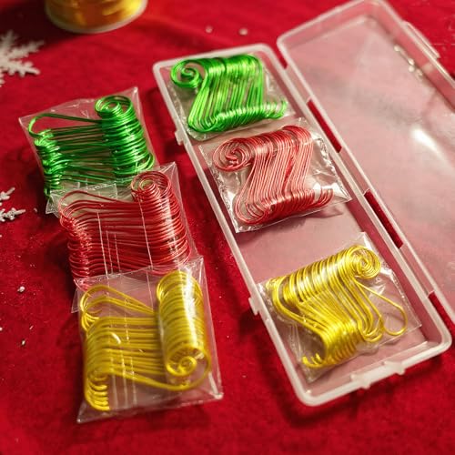 IAXSEE 150 Pcs Multicolor S-Shaped Ornament Hooks with Storage Box - Red Green Yellow Christmas Tree Hangers (Circular Shape)