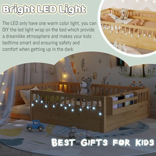 Full Size Montessori Floor Bed with Rails, LED Lights & Storage Shelf