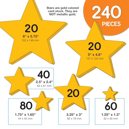 Gold Star Cutouts for Bulletin Boards, 240-Piece Set in 6 Sizes