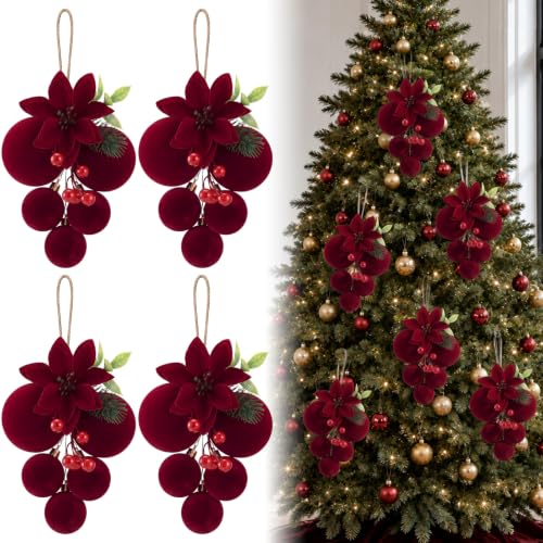 Burgundy Velvet Christmas Ball Clusters Ornaments Set - 4 Pcs Holiday Decor