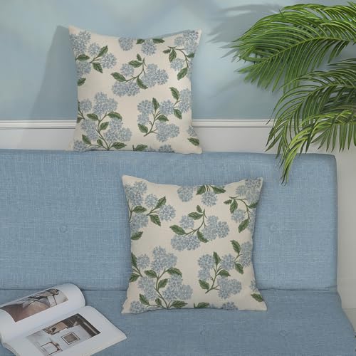 Floral Outdoor Pillow Covers 18x18 Inch - Set of 2 Blue Hydrangea Linen