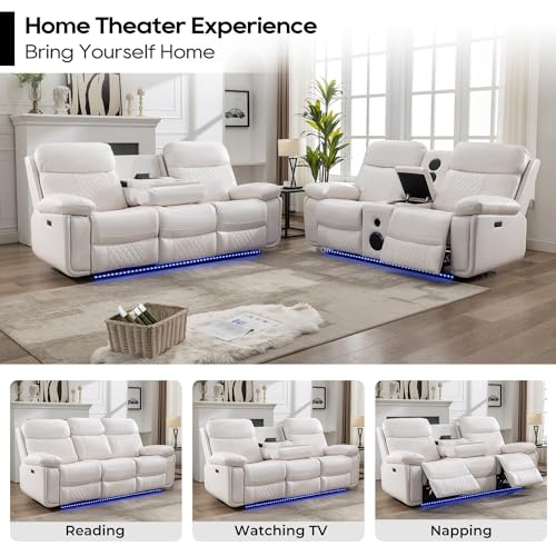 Power Recliner Sofa Set with Wireless Charger, LED Lights & Speakers