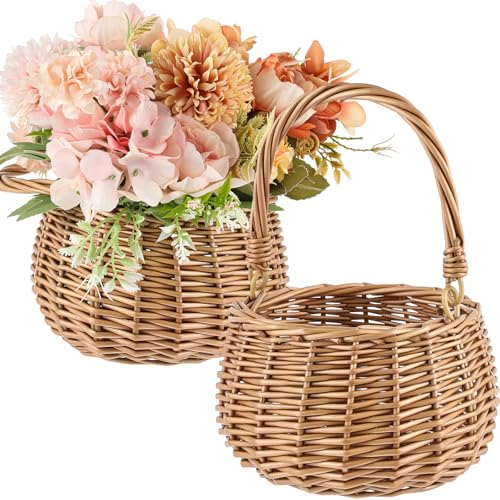 Set of 2 Hand-Woven Wicker Flower Baskets with Handle, Rustic Decor