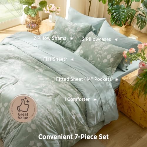 Sage Green Floral Queen Comforter Set - 7-Piece All-Season Bed in a Bag