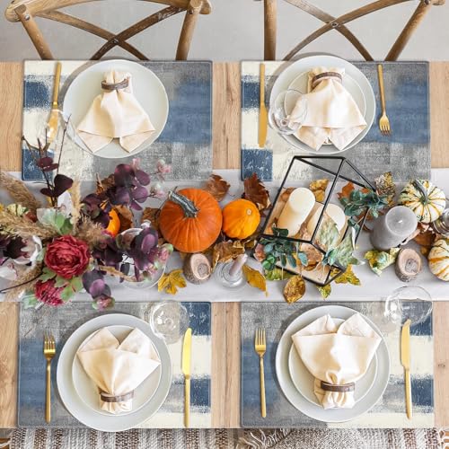 Abstract Blue Grey Linen Placemats Set of 4, 12x18 Inch Farmhouse Table Mats