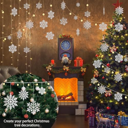 White Glitter Snowflake Christmas Tree Ornaments - 36 Pack Shatterproof Set