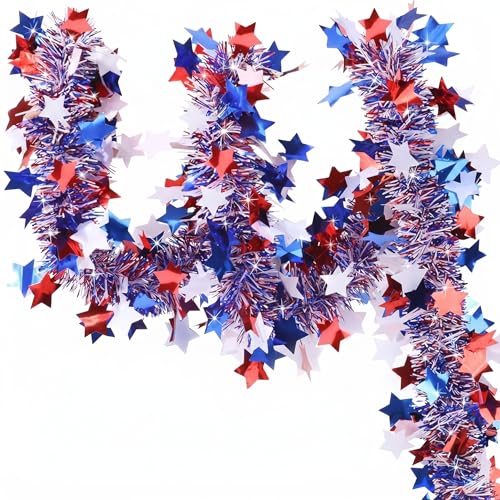 Patriotic Red White Blue Tinsel Garland with Stars - 52.5ft 4th of July Decor