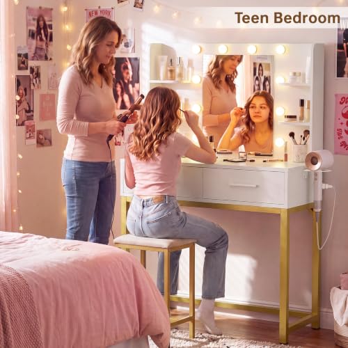 Small Vanity Desk with LED Mirror, Charging Station and Storage Drawers