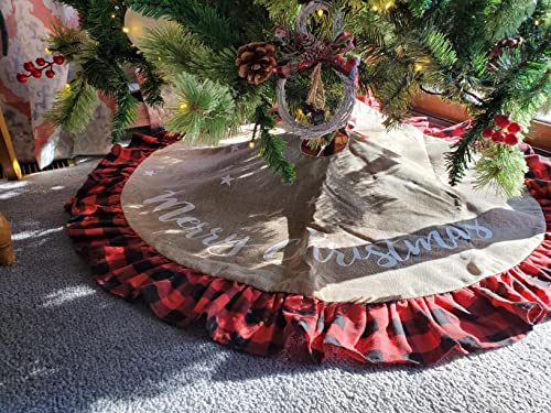 48-Inch Christmas Tree Skirt - Linen Burlap with Red Buffalo Plaid Border
