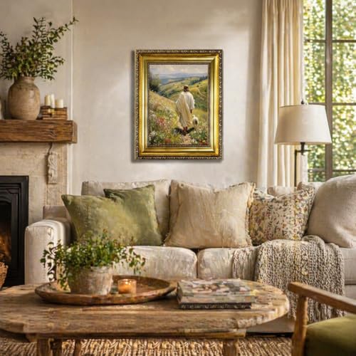 Jesus and Lamb Framed Canvas Wall Art - Good Shepherd Lost Sheep 12x16in - Christian Home Decor