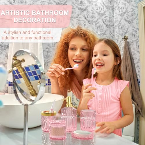 5-Piece Pink Glass Bathroom Accessory Set - Elegant Countertop Organizer