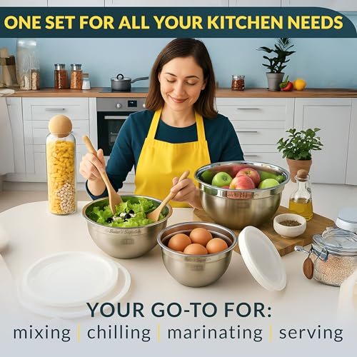 Stainless Steel Mixing Bowls with Lids Set of 3 - Nesting Prep & Storage Bowls