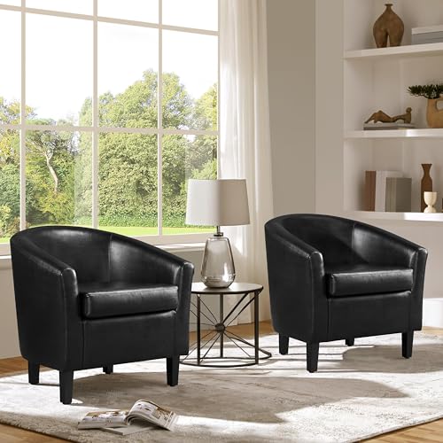 Set of 2 Faux Leather Barrel Accent Chairs with Solid Wood Legs