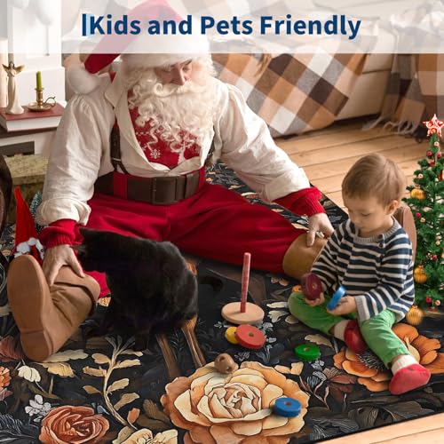 Black 6' x 8'11" Christmas Elk Rug - Washable Non-Slip Holiday Carpet for Living Room & Bedroom