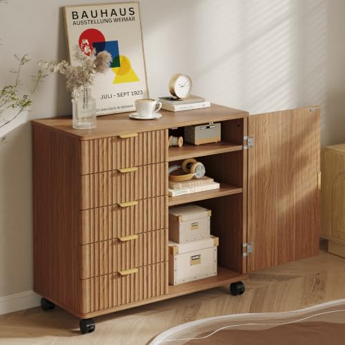 5-Drawer Mobile Office Storage Cabinet with Fluted Wood Design