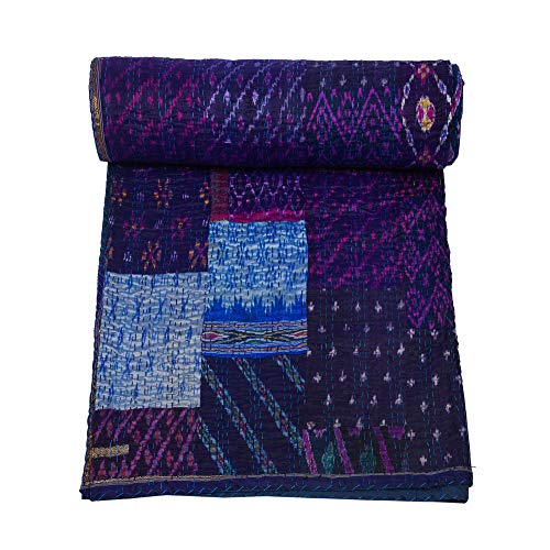 Handmade Kantha Quilt - Indian Silk Patchwork, Twin Size (60"x90")