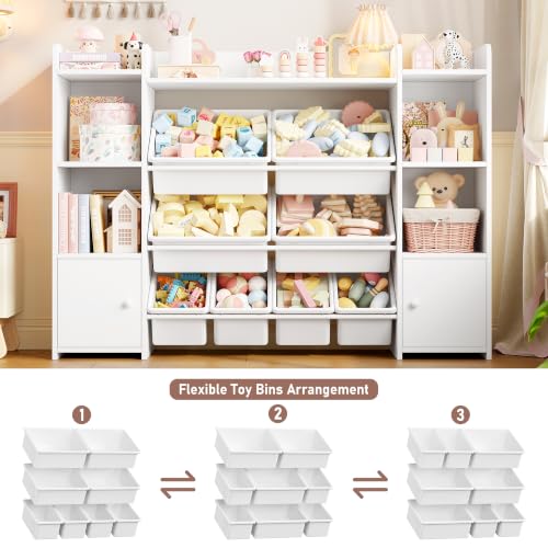 Kids Toy Storage Organizer with 8 Bins, Bookshelf and Cabinet, White