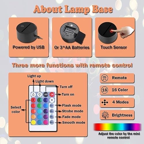 3D Illusion LED Night Light with Remote Control, 16-Color Kids Room Lamp