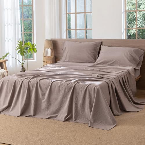 Queen Size Washed Cotton Flat Sheet, Breathable Lightweight Bedding