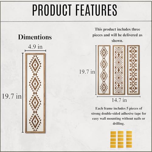 Set of 3 Aztec Wood Wall Art Panels – Geometric Boho Hanging Decor