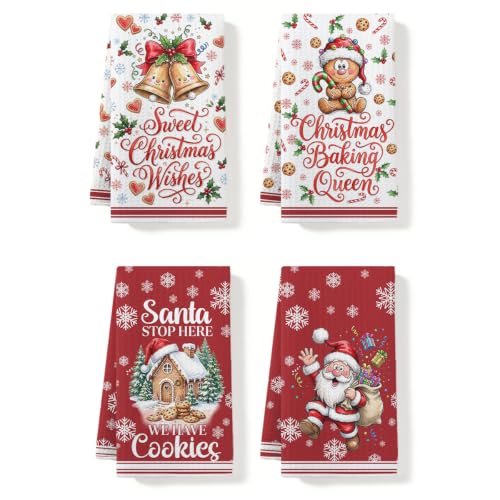 ZHAMEN 4 Pcs Christmas Kitchen Towels - Soft Absorbent Waffle Hand Towels (Multi 1663)