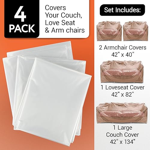 Plastic Furniture Covers - Pack of 4, Tear-Resistant Moving Protection