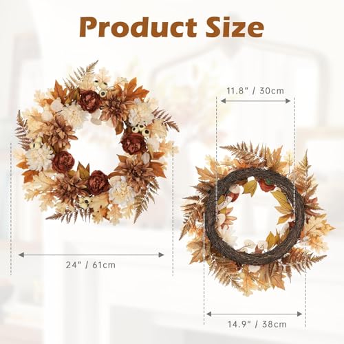 24-Inch Artificial Fall Wreath for Front Door, Autumn Floral Thanksgiving Decor