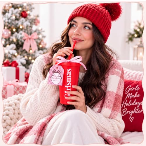 Potchen 6 Pack Girlsmas Christmas Plastic Cups with Lids, Straws, Pink Tags & Ribbon – 24oz