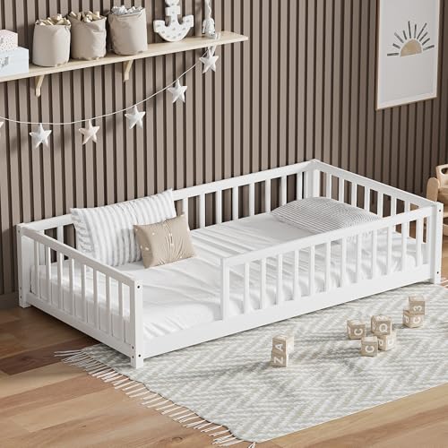 Twin Size Montessori Floor Bed with Safety Guardrails, Solid Wood Frame