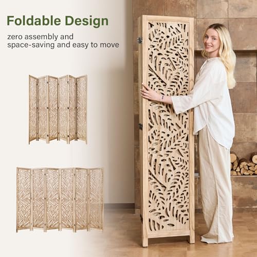 6-Panel Leaf-Carved Wood Room Divider, 67-Inch Foldable Privacy Screen