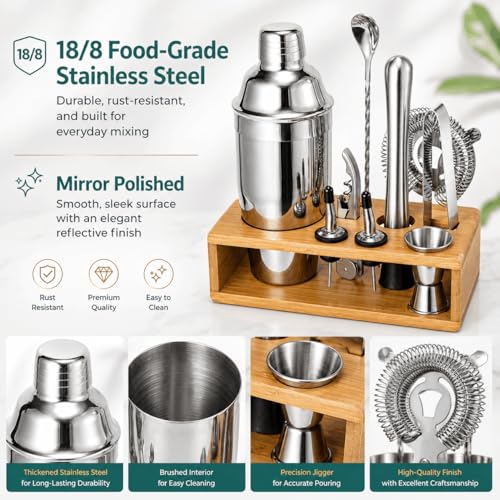 Semderm Silver Cobbler Cocktail Shaker Set - 18/8 Stainless Steel Bartender Kit with Stand