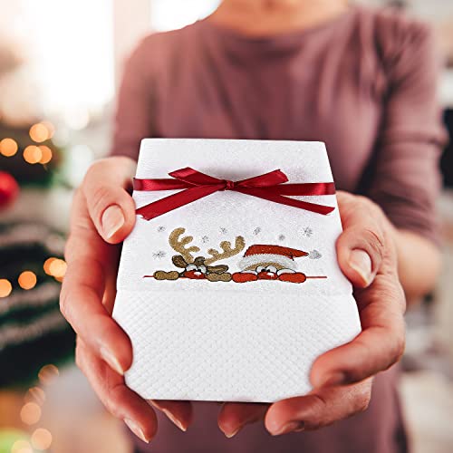 Quera White Christmas Hand Towel - 100% Cotton, Embroidered Reindeer & Santa, 14 x 30 in