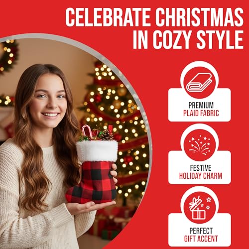 24-Pack Mini Christmas Stockings - 6-Inch Red Buffalo Plaid Ornaments