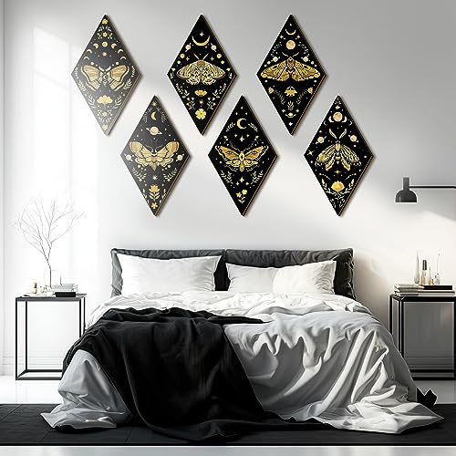 6-Piece Gothic Moth Wall Art Set, Wooden Boho Sun and Moon Hanging Decor
