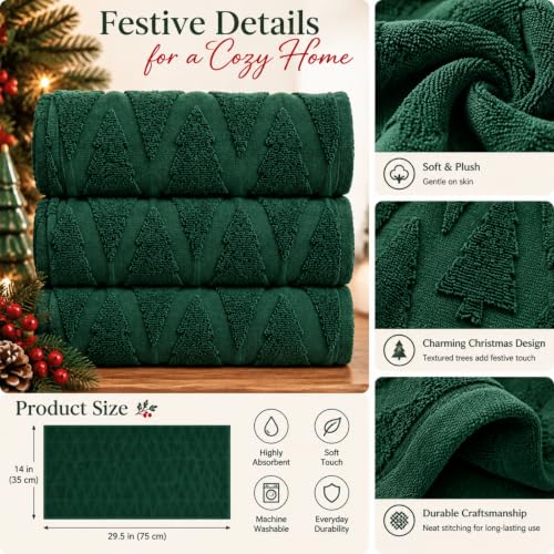 Hahafelt Christmas Tree Hand Towels Set - Dark Green, 3pcs, Cotton Bathroom Decor