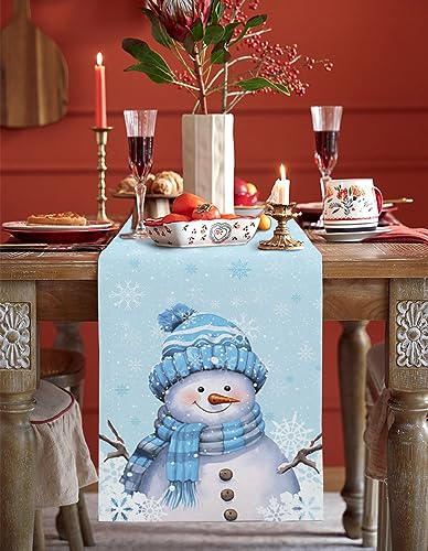 Yukro Light Blue Christmas Snowman Table Runner 13x90 Inch Winter Decor