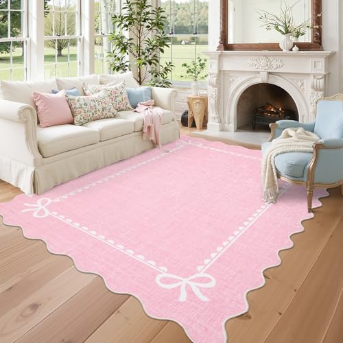 5x7 Scalloped Bow Area Rug, Washable Non-Slip Soft Pink Bedroom Carpet