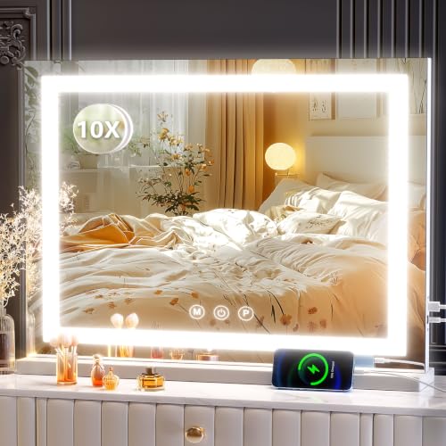 Gvnkvn 24x19 Inch Square White LED Makeup Vanity Mirror with USB Charging & 10X Magnification