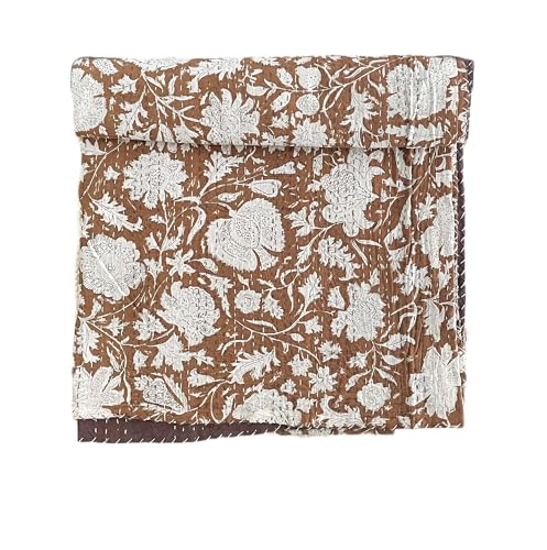 Handmade Kantha Quilt - Floral Cotton Throw Blanket, 108x108