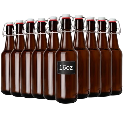 16oz Amber Glass Bottles with Swing Top Flip Caps 10-Pack