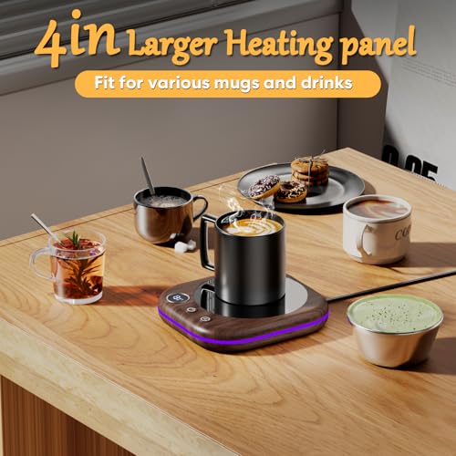 MQUPIN Wood Grain Coffee Mug Warmer with LED Lights, 3 Temp Settings, Auto Shut Off