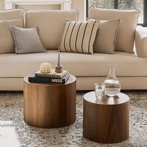 Nesting Coffee Table Set of 2, Round Wooden Accent Side Tables for Living Room