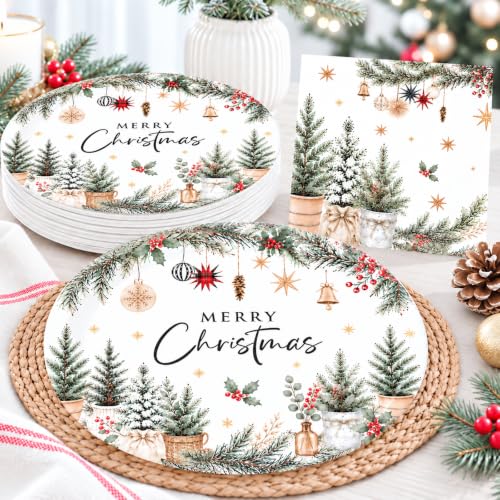 Xmas 50-Piece Oval Plates & Napkins Set, 12" Dinner Plates + 6.5" Napkins, Boho Christmas Tree Design, Recyclable