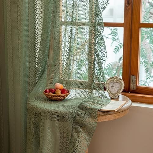 Sutuo Home Boho Lace Curtains 2 Panels 50x96 Olive Green - Vintage French Country Sheer Rod Pocket